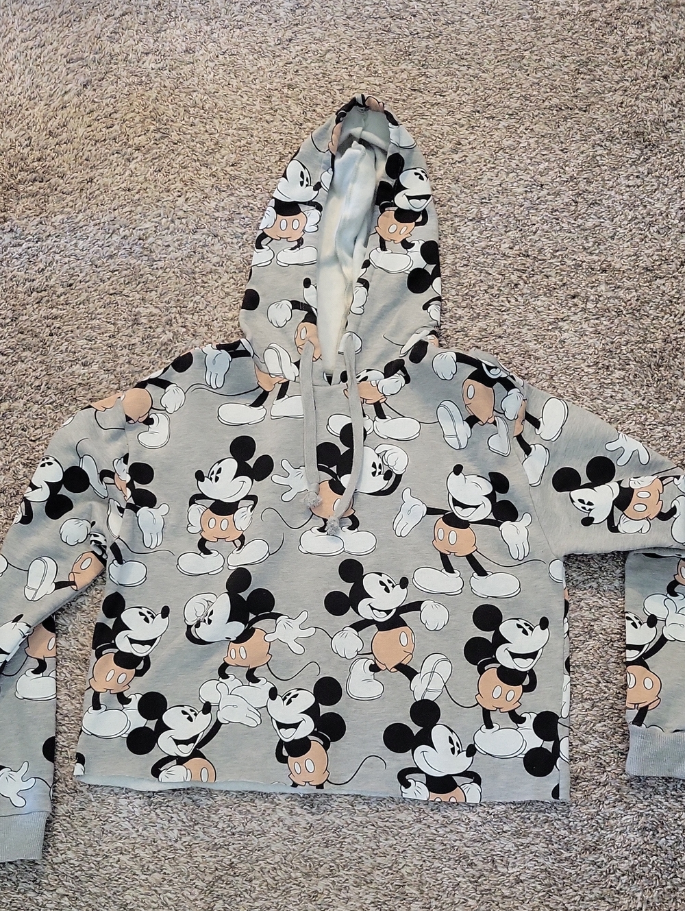 Disney Gray Mickey Mouse Hoodie Sweatshirt with Black and Beige Accents